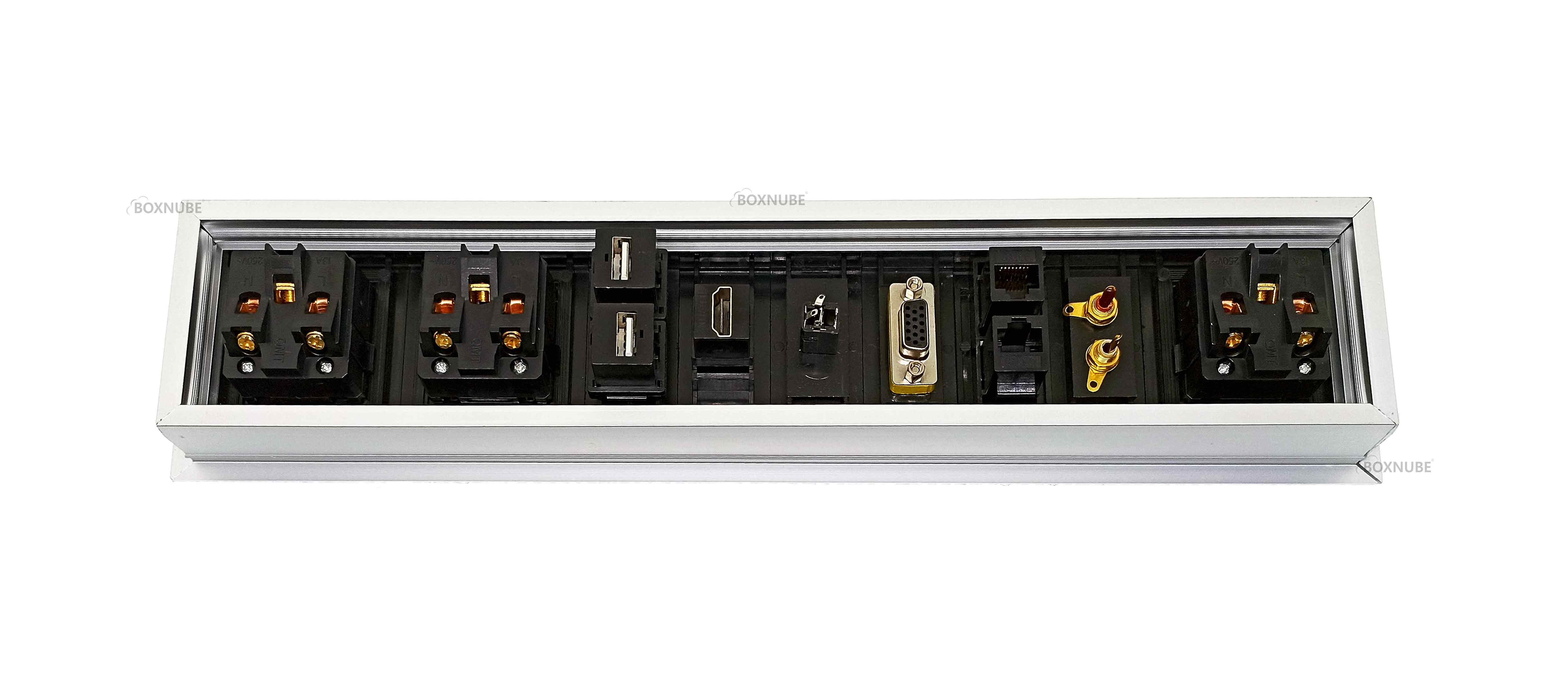 BOXNUBE Fliptop Box Cable Cubby Extension Board with Universal Power Sockets, LAN , HDMI , VGA , Aux , USB & 2RCA Ports (Silver) BOXNUBE Fliptop Box Cable Cubby Extension Board with Universal Power Sockets, LAN , HDMI , VGA , Aux , USB & 2RCA Ports (Silver)